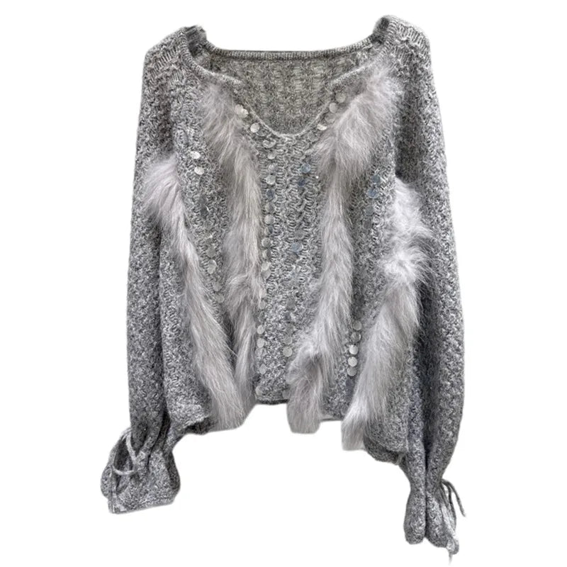 Winter New Fashion Beaded Embroidery Drawstring Sleeve Knitted Sweater For Women Loose Plush Spliced Tops 11A07605