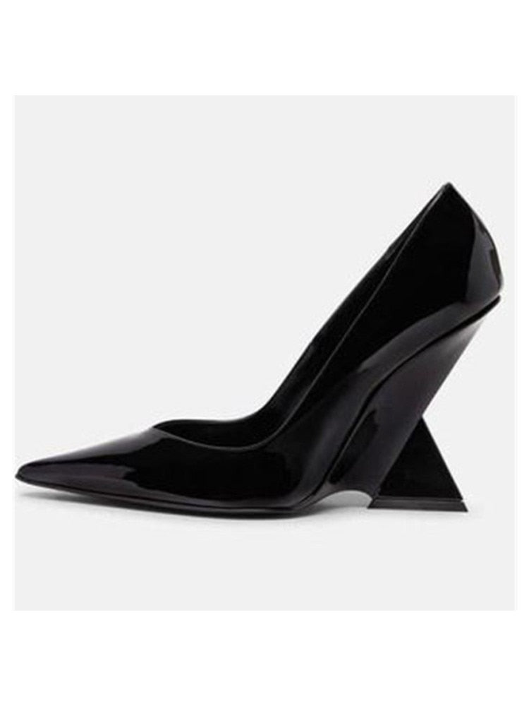 Summer New High Heels Thick Sole Thick Heel Lacquer Leather Shallow Mouth Pointed Fashion Sexy Women's Oversized Shoes S49 Black