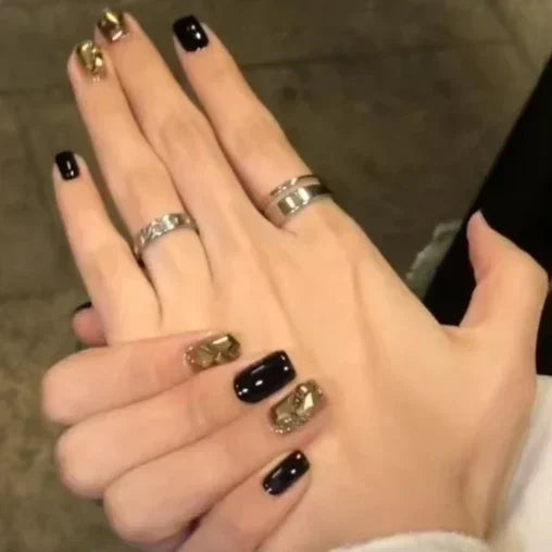 Shiny Crystal Glitter Powder Cat Eye Rhinestone Pearl Short Fake Nails Art Korean False Nails Zircon DIY Press on Nails Manicure MT2340GN037