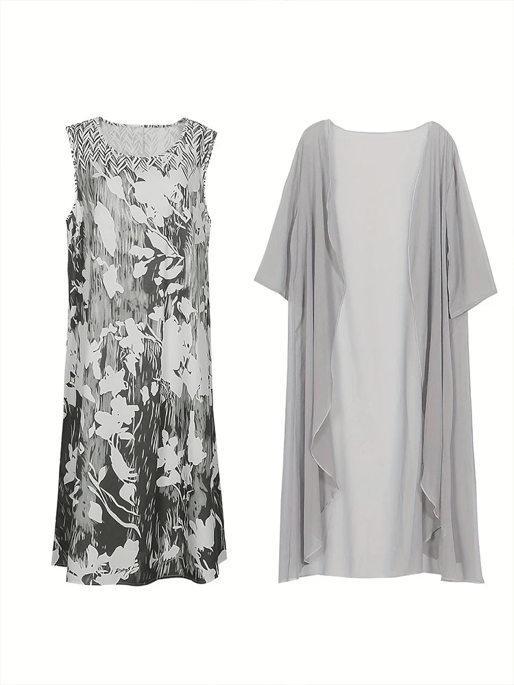 Plus Size 2024 Autumn New Women's Floral Printed Long Dress Printed Pattern Two-piece Dress Round Neck Temperament Elegant Dress