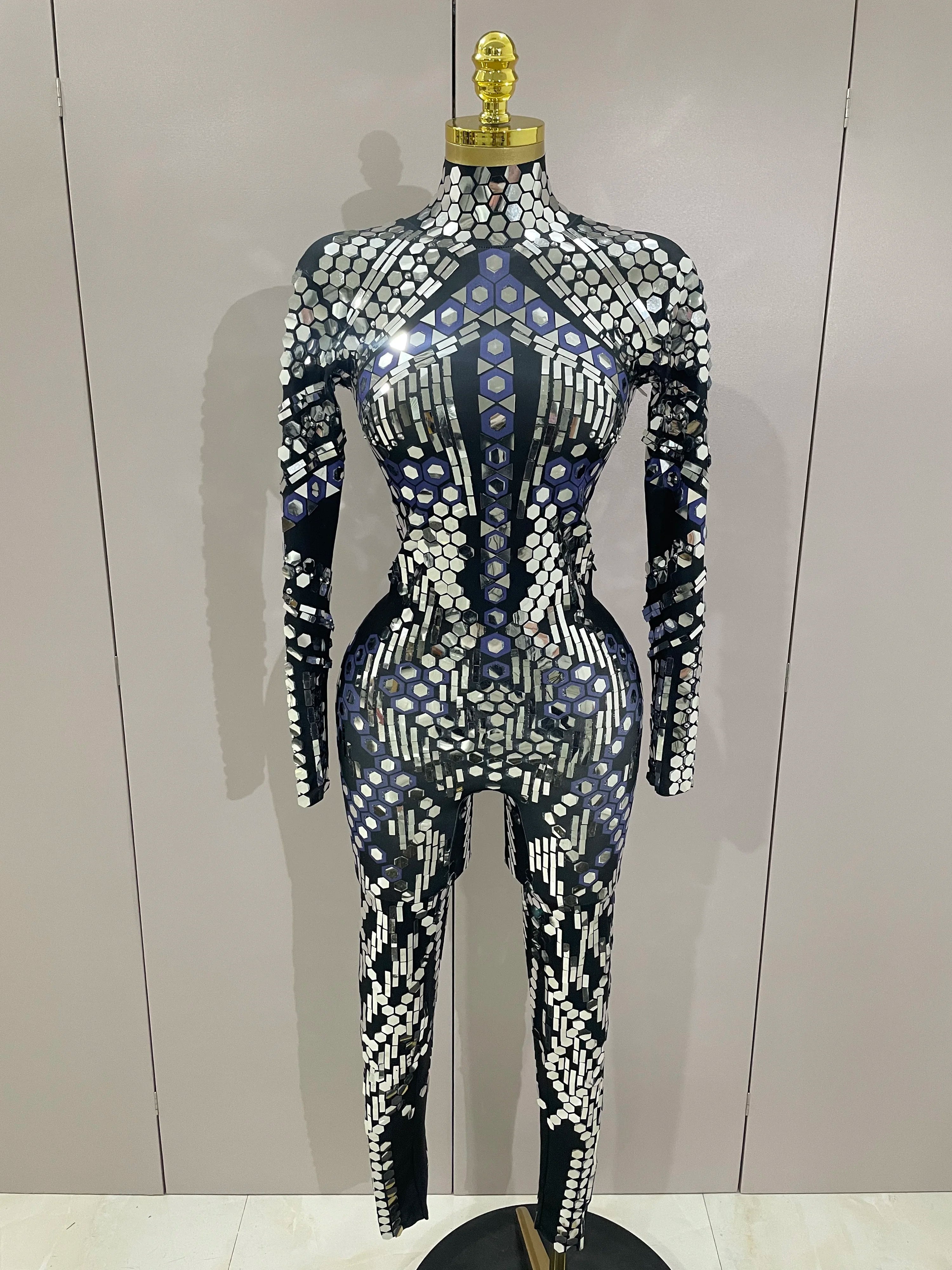Sexy Shiny Silver Sequins Mirror Black Spandex Jumpsuit 2025 Women Prom Dancer Singer Costume Evening Birthday Show Stage Outfit Silver