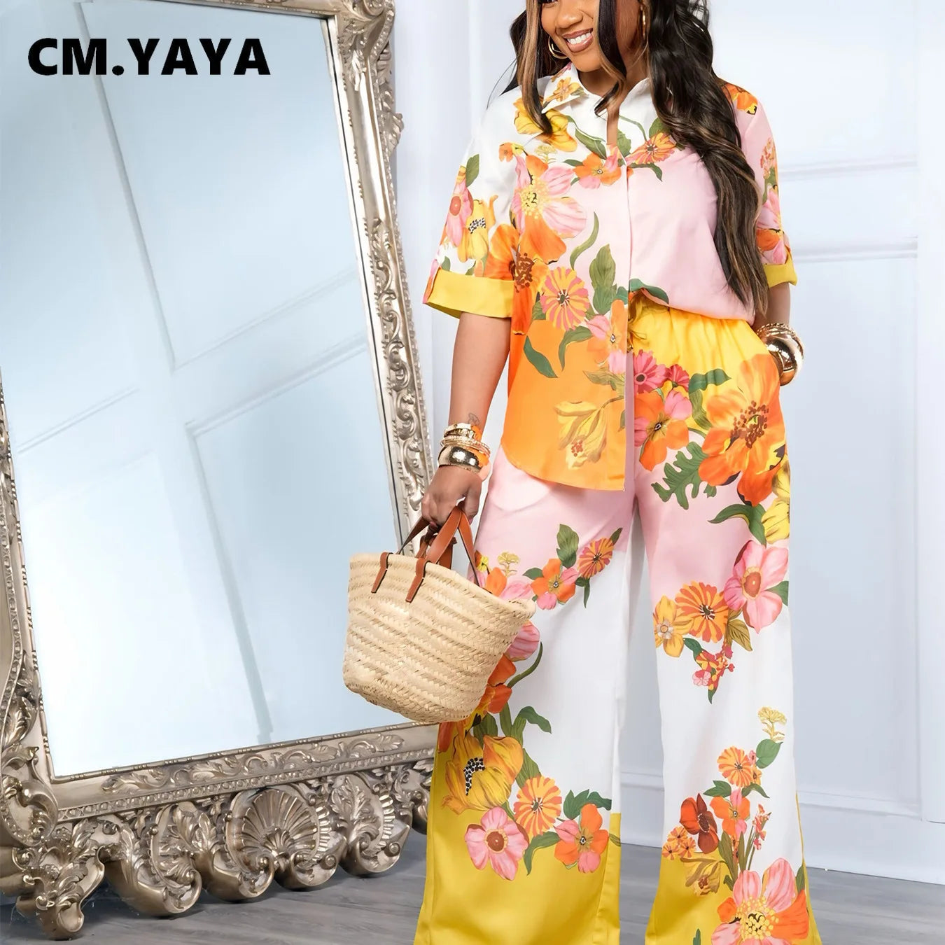 CM.YAYA Fashion Floral Printed Women's Set Half Sleeve Blouse Shirt and Wide Leg Pants 2025 Two 2 Piece Sets Outfits Tracksuit