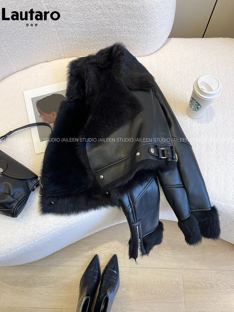 Lautaro Autumn Winter Cool Short Loose Black Thick Warm Soft Hairy Faux Sheepskin Coat Women Luxury Designer Fluffy Jacket 2025