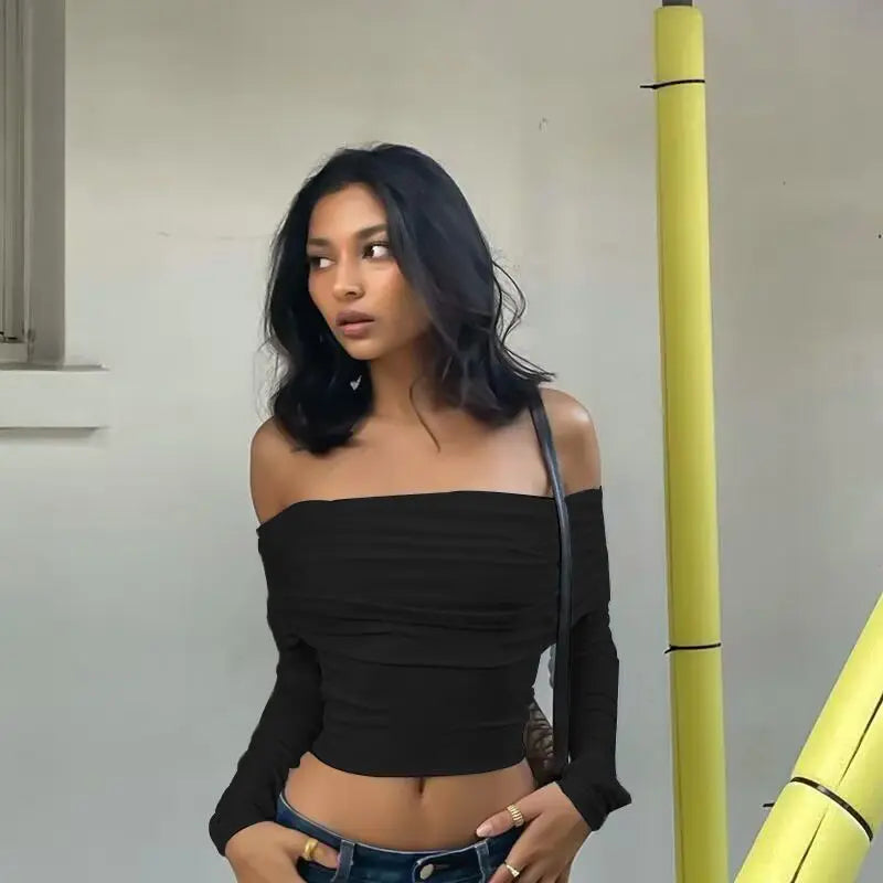 Summer Women Slim Short Sleeved Hottie Navel Exposed One Shoulder Long Sleeved Tops Spring Fashion Pleated All-match T-shirt black