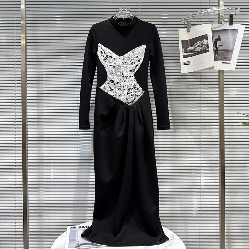 Winter New Fashion Lace Bikini Patch Slim Long T-Shirt Dress For Women Versatile Casual Dresses Female 11A07683 Black