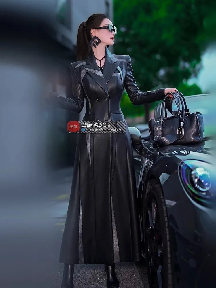 Lautaro Spring Autumn Long Fitted Black Patchwork Pu Leather Coat Women Double Breasted Elegant Chic Luxury Designer Clothing