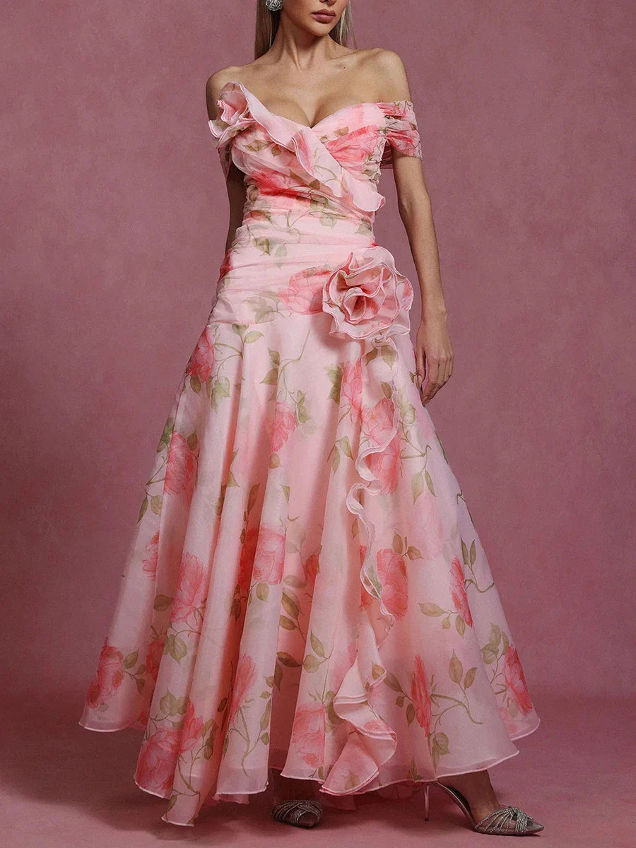 Printing Spliced 3D Flower Elegant Dresses for Women Slash Neck Off Shoulder Patchwork Fungus Folds Dress Female