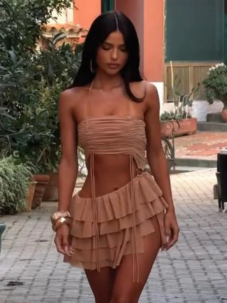 Retro Brown Ruffles Hem Women's Outfits Sexy Pleated Halter Copped Top Suit Casual High Waist Mini Skirt 2pcs Set Summer Holiday