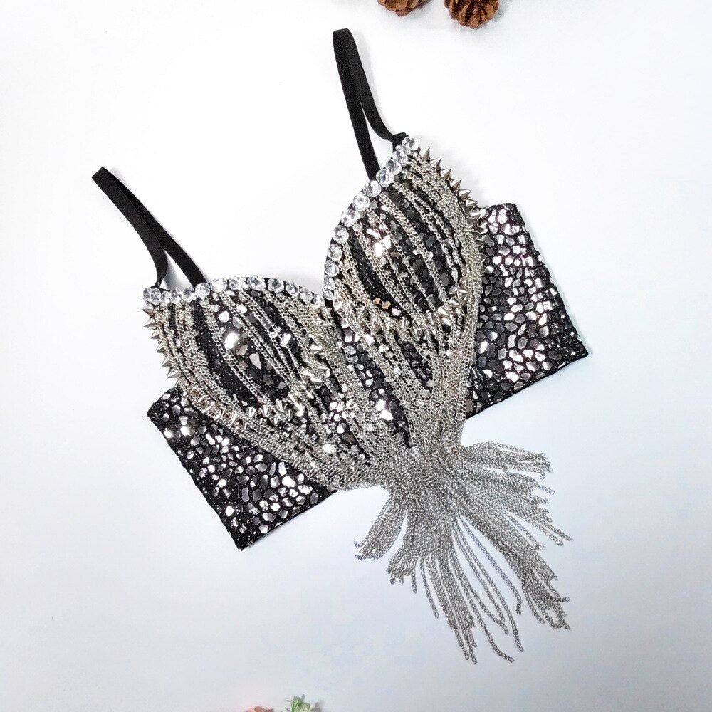 Sexy Trend Sequin Metal Chain Tassel Sling Women's Shiny Personality Rivet Design Slim Camisole Female 2024 Summer