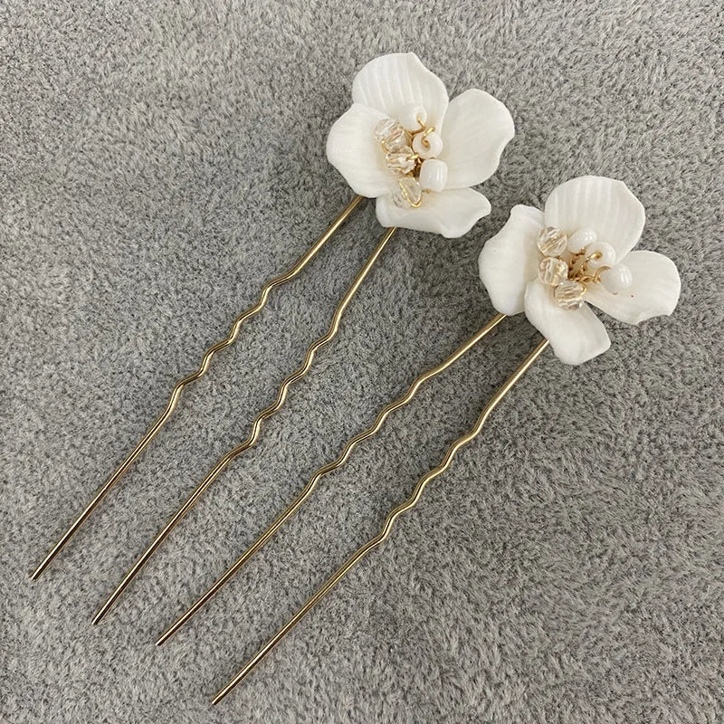 6PCS White Ceramic Flower Wedding Hair Pins Women Jewelry Accessories Handmade Head Decoration Tiara Ornament