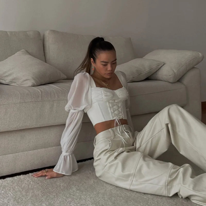 Spring Summer New Women Street Trendy Square Neck Mesh Patchwork Long Sleeved Slim Fit Cropped T-shirt Exposed Navel Top