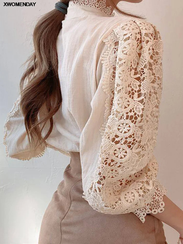Women Chiffon Button Turtleneck Shirt Chic Elegant Floral Lace Fluffy Long Sleeve Top Fashion Hollow Oversize White Blouse 2025