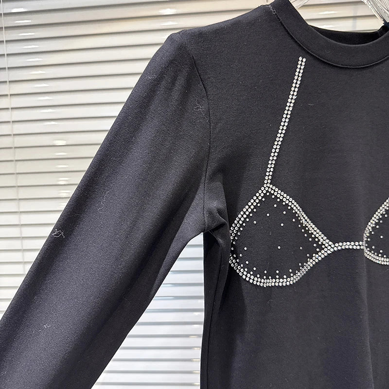 Winter New Niche Fashion Hot Drill Bikini Pattern Long Sleeve Cotton T-Shirt For Women Slim Fit Top Female 11A07493