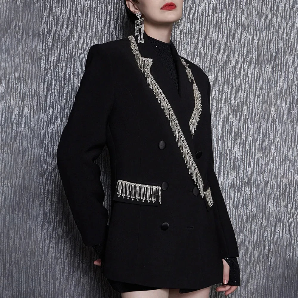 Solid Spliced Tassels Elegant Jackets for Women Lapel Long Sleeve Patchwork Double Breasted Blazer Demale Clothing
