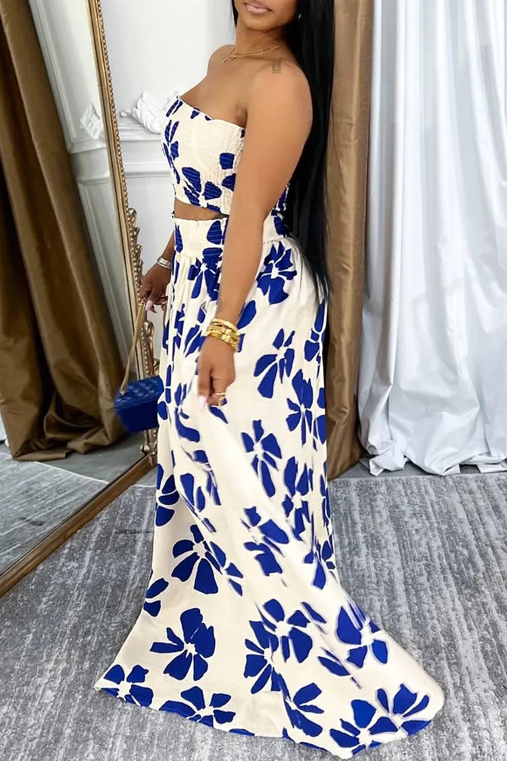 Plus Size Vacation Blue Graphic Pocket Smocking Two Piece Skirt Sets