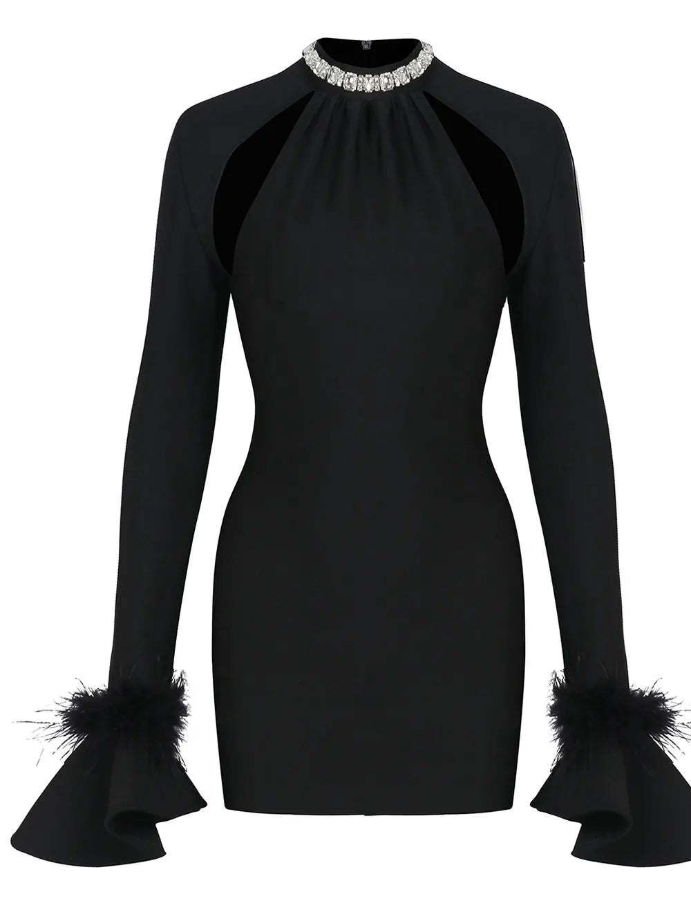 2025 Sexy Women's Light Luxury Nail Bead Hollow Bandage Dress O-neck Trumpet Sleeve Feather Design Bodycon Mini Dress Vestidos