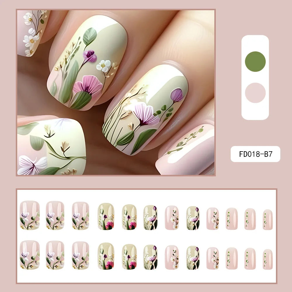 24pcs/set Floral Pattern Press-On Nail Set Mixed Color Ballet Shape Medium Length Simple Sweet Elegant Luxury Style Fake Nails AA338