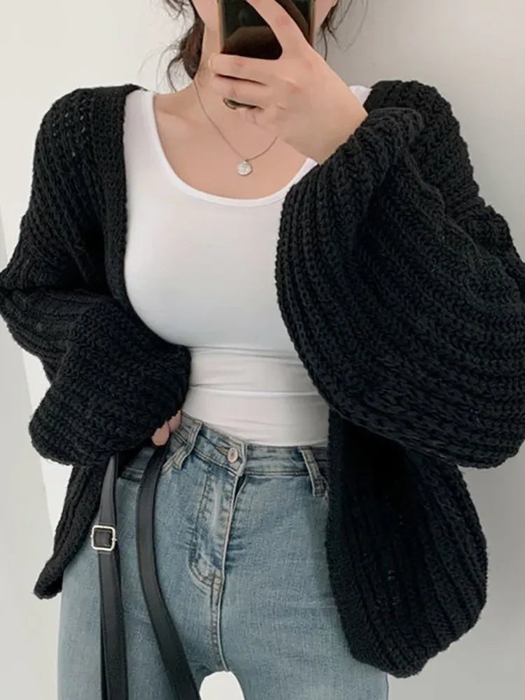 Women Cardigan Sweater Coat Casual Loose Knitted Solid Coat Autumn Winter For Women Lantern Sleeve Sweet Overcoat