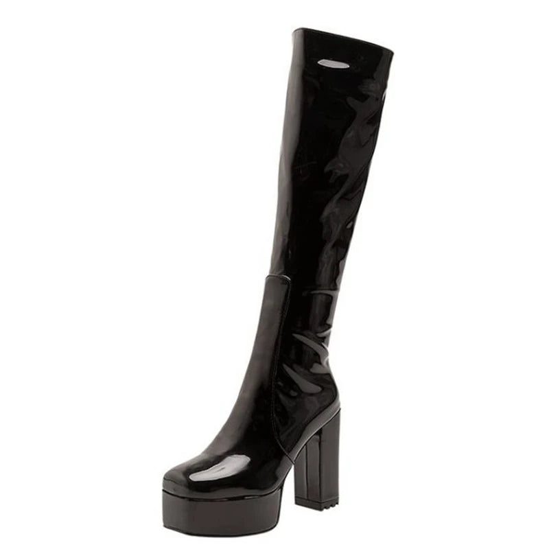 SIMLOVEYO Platform Knee High Boots Toe Block Heels Rubber Size 34-43 Black White Blue S2729 Black