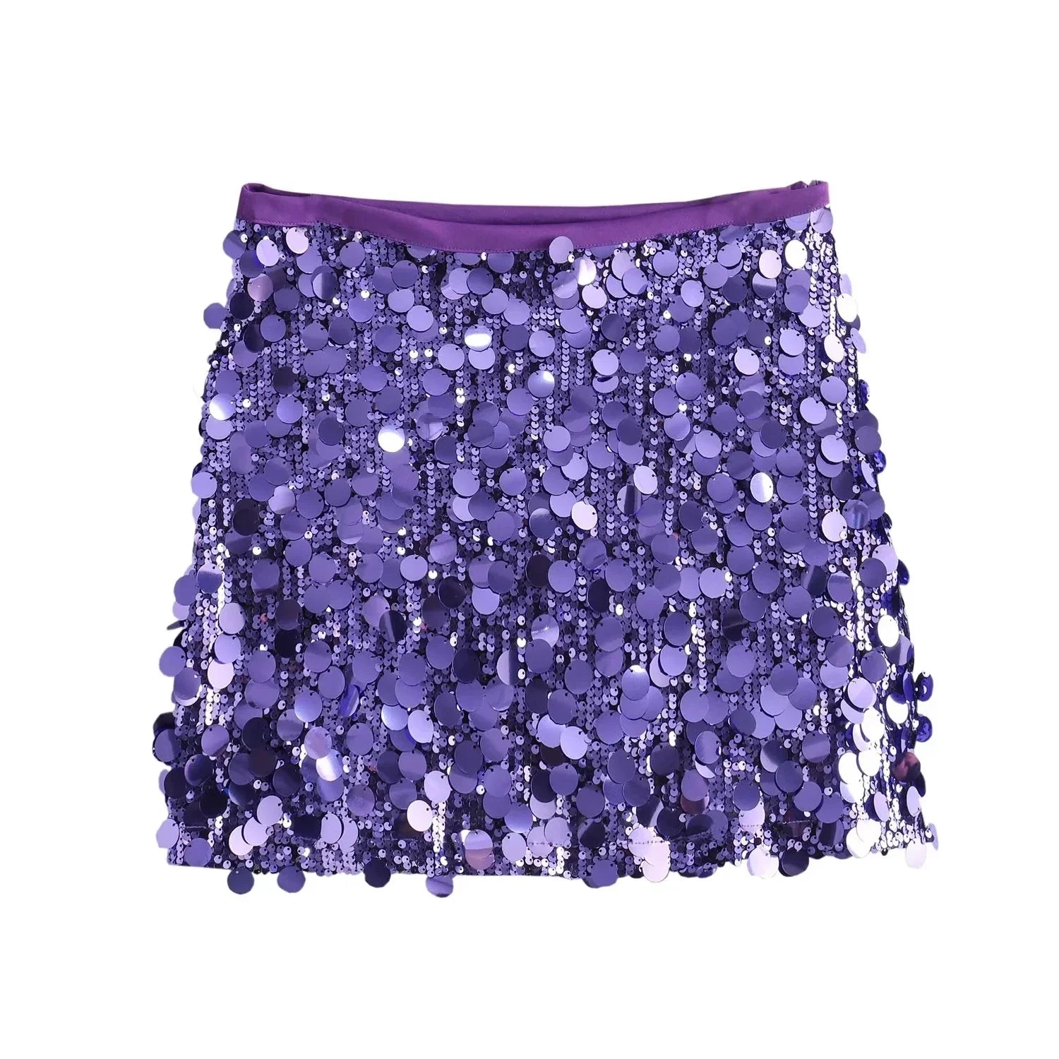 TRAFZA Women New Fashion Y2K Shiny Sequin Skirt Female Elegant High Waist Mini Skirts Casual Woman Sexy Chic Party Skirts purple
