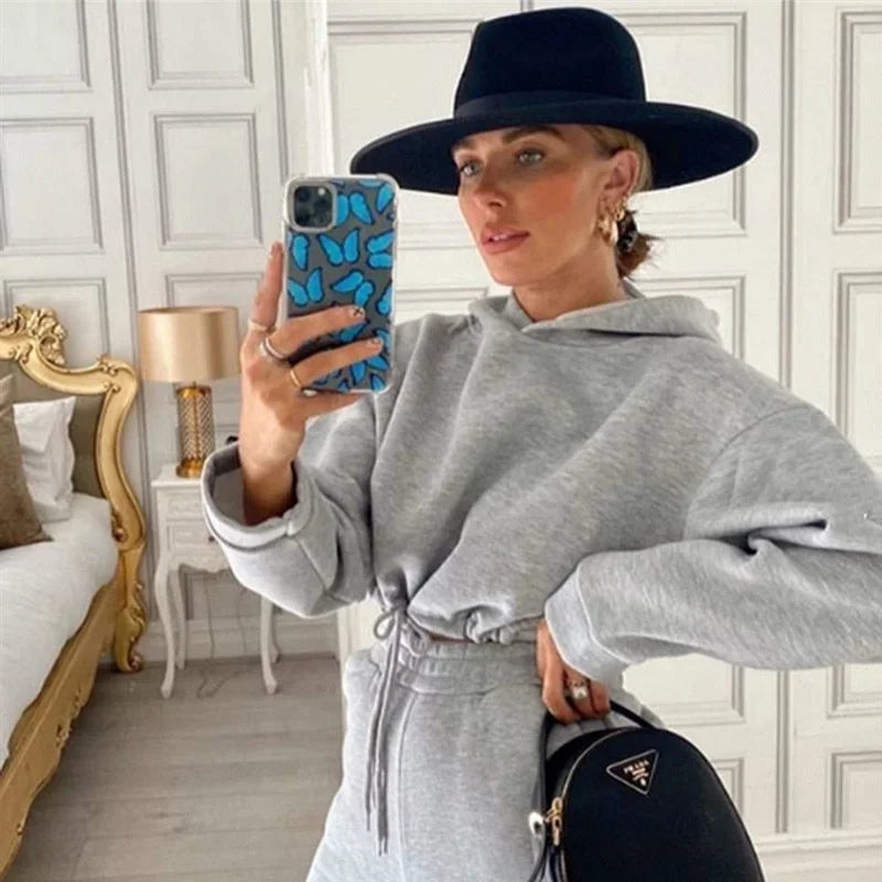 Autumn Winter Women Sweatshirt Set Solid Color Casual Simple Hooded 2 Piece Outfit Set Fashion Gym Jogging Woman Pant Sets Grey