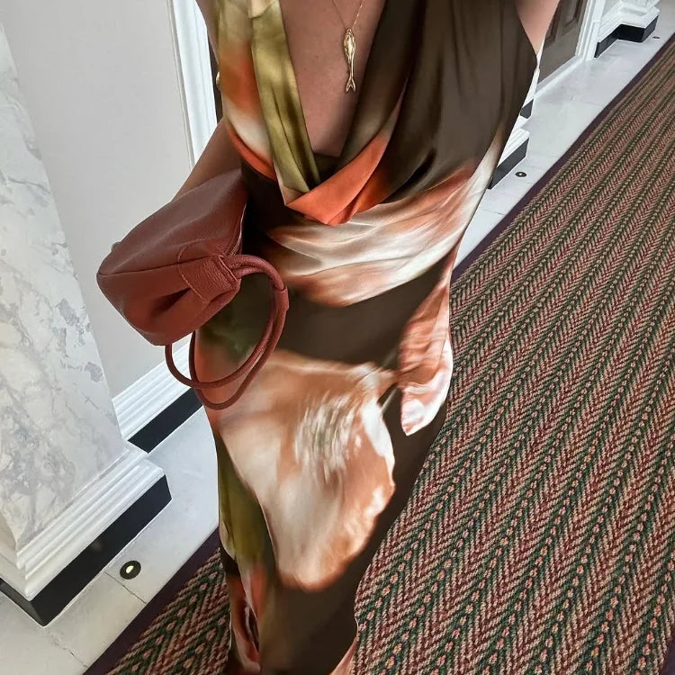 Women Tie Dyed Print Ruffles Maxi Dress Elegant Swing Neck Slim Fit Maxi Dresses Sexy Open Back Summer Evening Party Gowns 2025