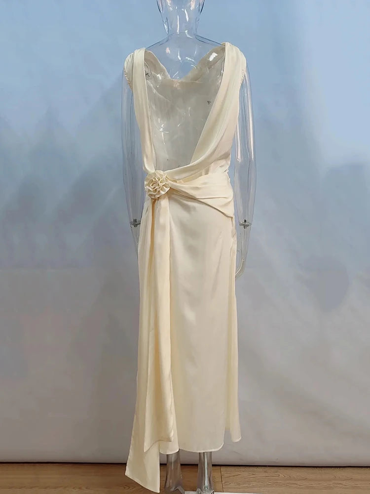 Mozision Satin Backless Sexy Maxi Dress For Women Elegant Rose Thigh High Split Beach Holiday Long Dress Gorgeous Club Gown