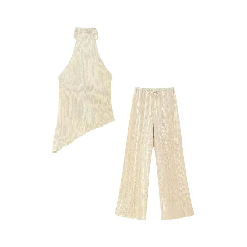 TRAF 2023 Women 2 Pieces Sets Fashion Asymmetric Halter Top Women Suit Casual Ruched Long Pants Set Womens Outfits set