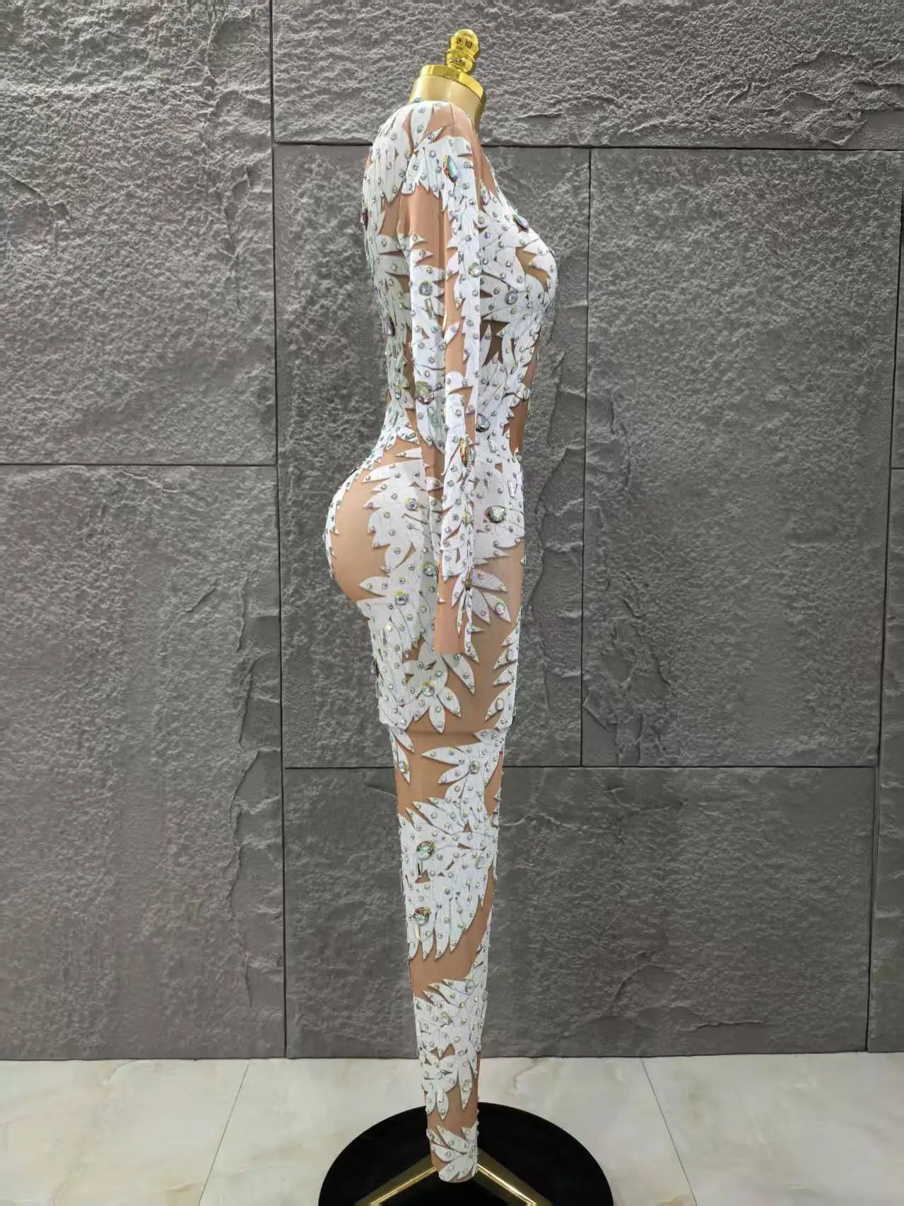 Wholesale Women Sexy Long Sleeve Shinning Rhinestones Bodycon Jumpsuit Celebrate Nightclub Party Performance Costume Stage Wear