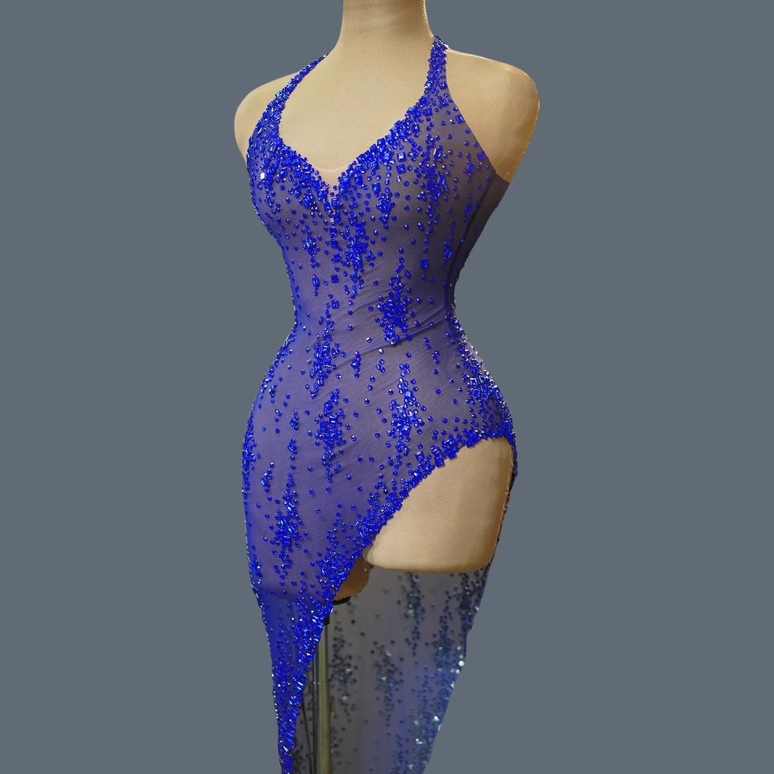 Nightclub Mini Dress Singer Stage Performance Wear Bar Party Asymmetrical Dress Sparkly Rhinestones Sleeveless Mesh Dress Xinghe Blue One Size