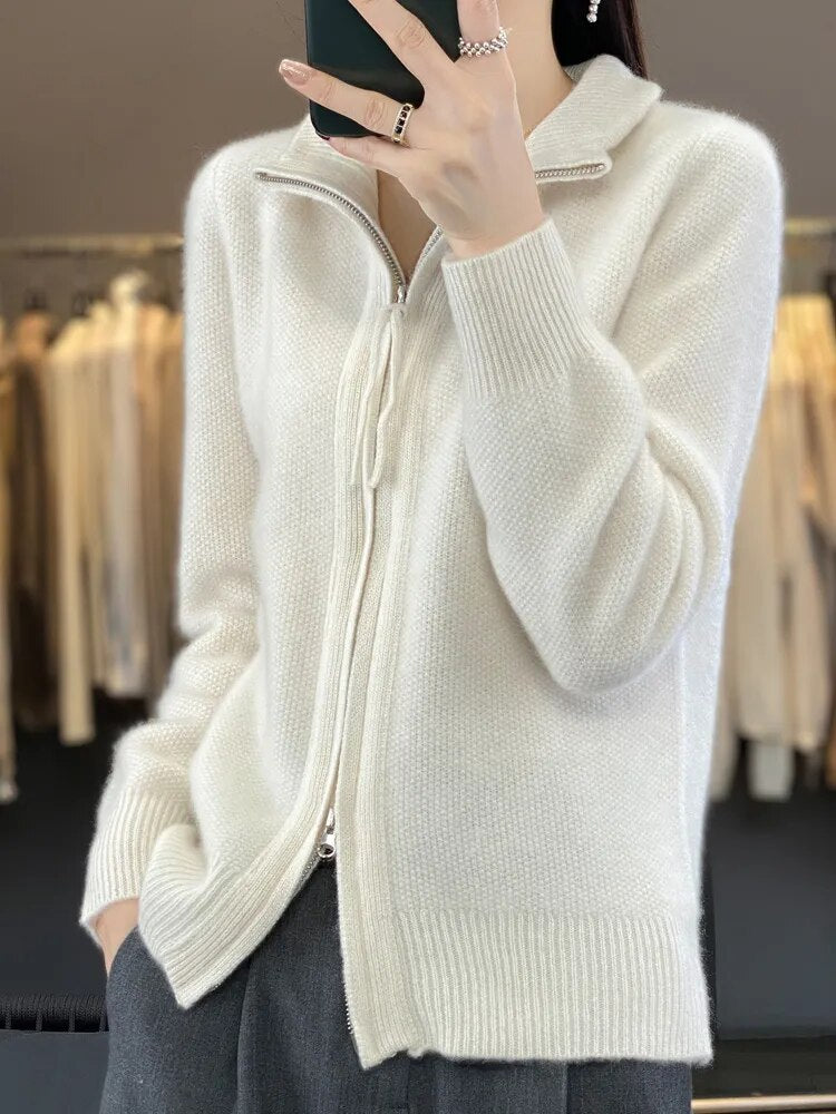 Women's Wool Knitting Sweater Clothing Autumn/Winter Casual Loose Top Fashion Korean Cashmere Large Zipper Jacket White