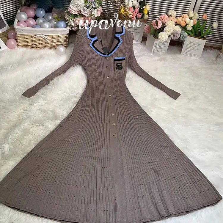 Elegant Women's Slim Fit Knitted Dress Fashionable Polo Neck Short Sleeve Single breasted Design Split Knitted Mid length Dress Dark brown