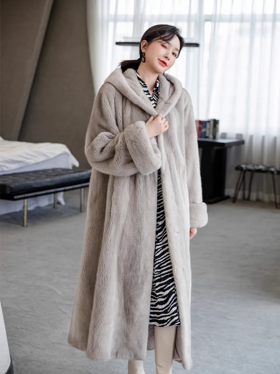 Lautaro Autumn Winter Long Luxury Elegant Thick Warm Fluffy Soft Faux Mink Fur Coat Women with Hood Loose Furry Overcoat 2025
