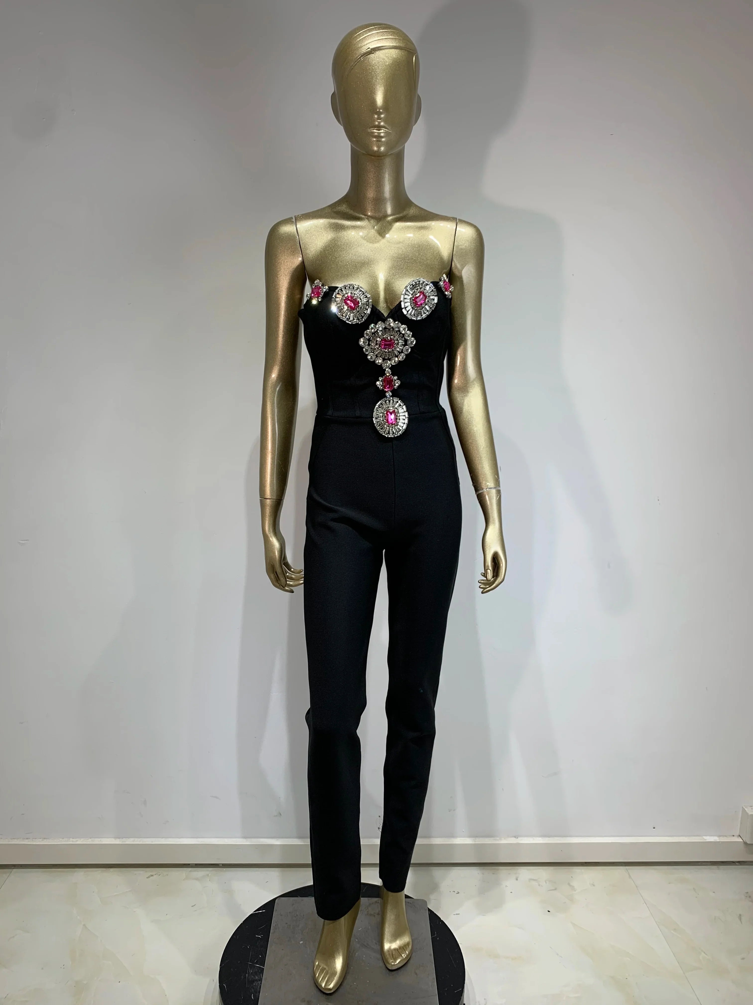 Women Luxury Sexy Strapless Backless Crystal Diamonds Black Bodycon Bandage Jumpsuit Celebrity Designer High Street Rompers