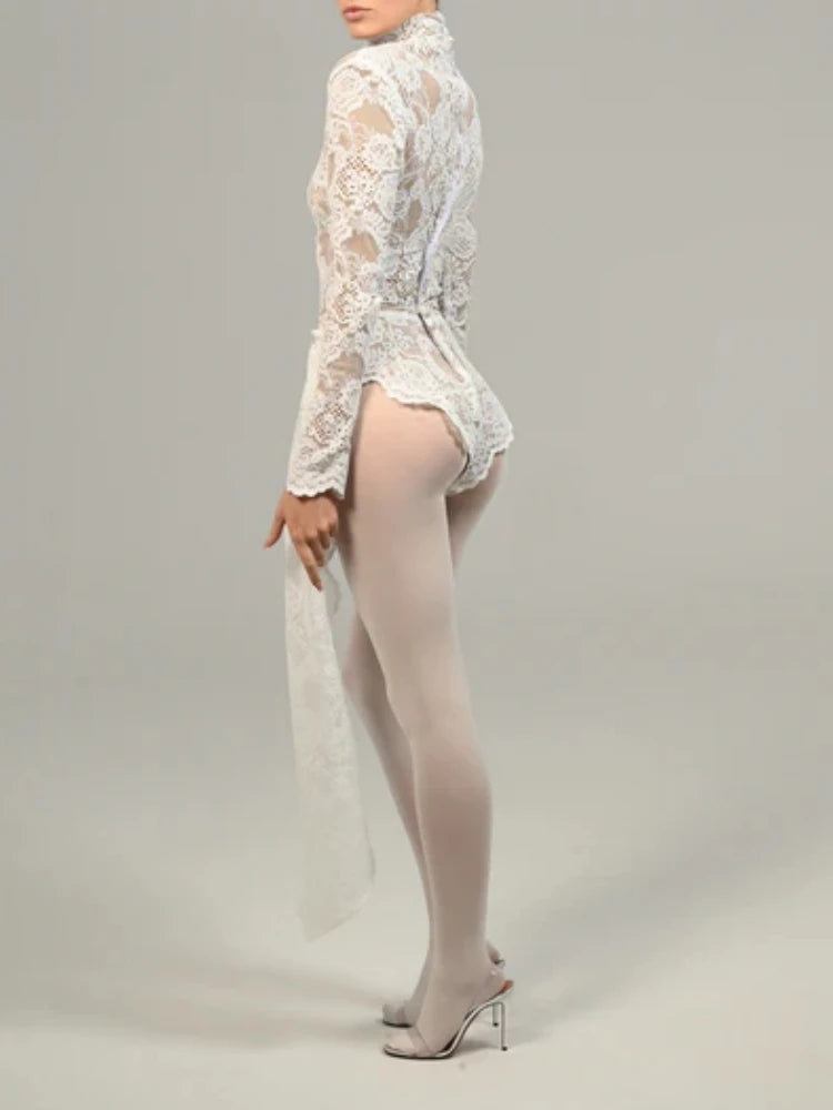 2024 New Autumn White Black Women Sexy Long Sleeve Lace Bodycon Draped Bodysuit Fashion Performance Costume Stage Wear