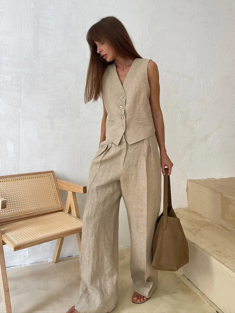 Wolfeel Womem Linen Cotton Chic Vest & Pants Suit Two-Piece Set Office Ladies Summer Chic 2 Piece Sets Womens Outfits Khaki