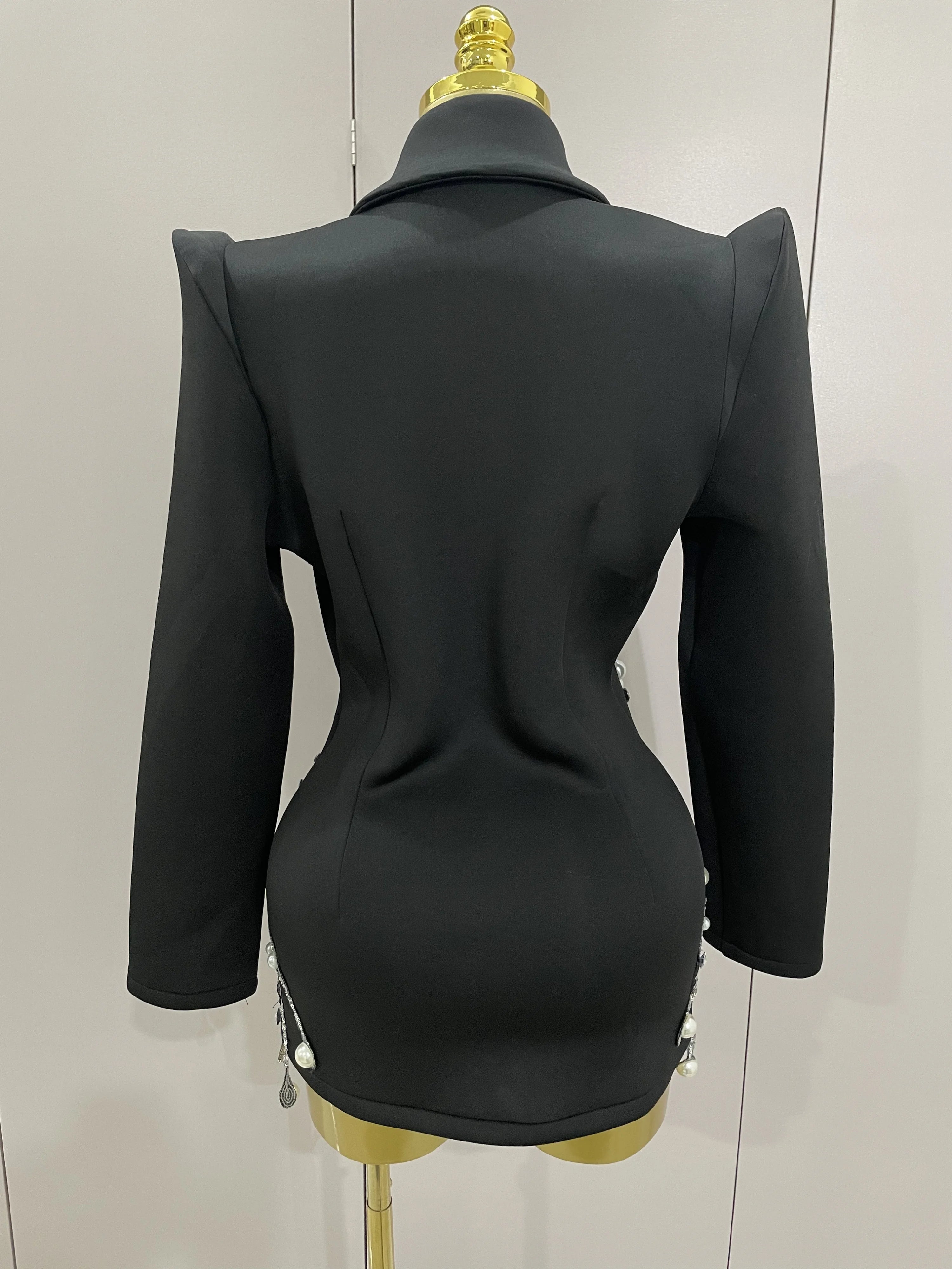 2025 Sparkly Crystal Chains Pearls Long Sleeve Mini Dress Women Birthday Evening Party Nightclub Outfit Singer Wedding Costume