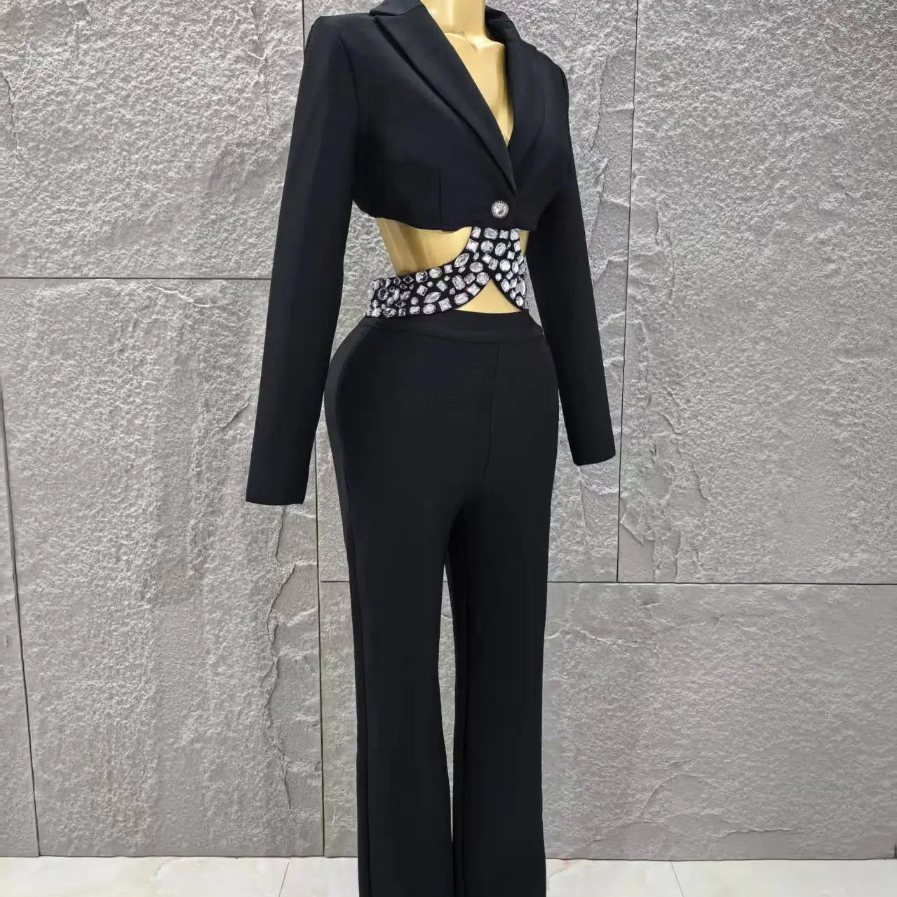Black White Women Long Sleeve Sexy V-Neck Shinning Crystal 2 Pieces Bodycon Bandage Set Celebrate Evening Party Women's Set