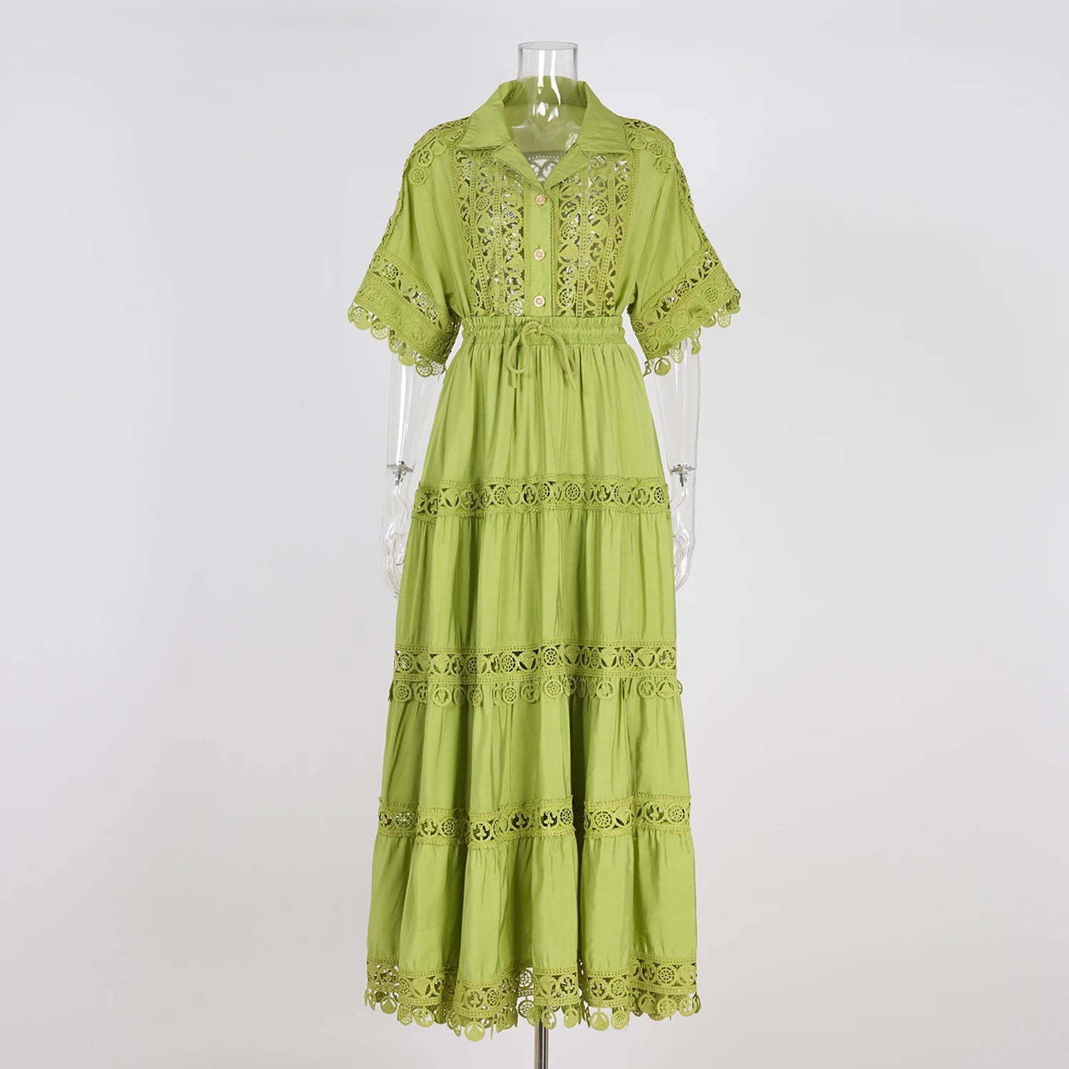 Summer Holiday Embroidery 2 Piece Sets Women Hollow Out Loose Shirt Top + Elastic Waist Maxi Skirts Suits Streetwear Y2k Outfits green