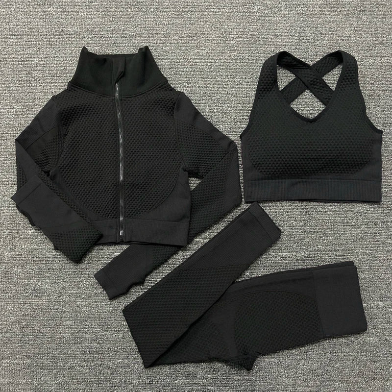 Seamless Women Yoga Sets Female Sport Gym Suits Wear Running Clothes Women Fitness Sport Yoga Suit Long Sleeve Yoga Clothing 3PcsSet Black