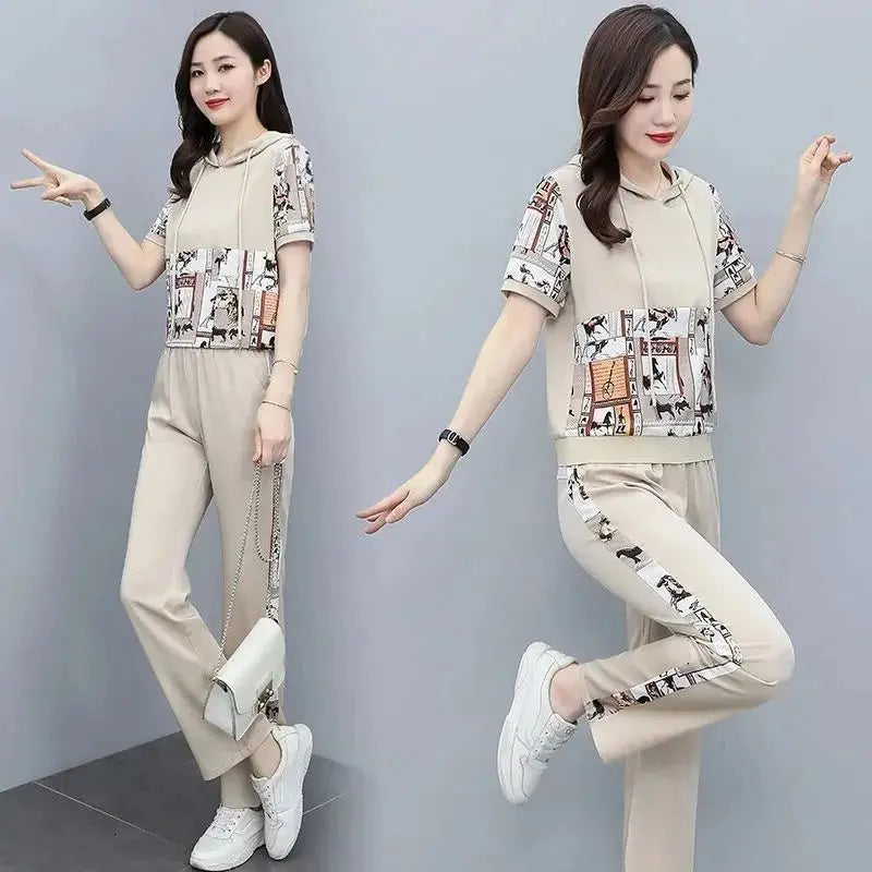 Women's Large Autumn New Casual Suit Loose Fashion Printed Hooded Short Sleeve Tops And Pants 2 Two Piece Set Plus Size Clothing
