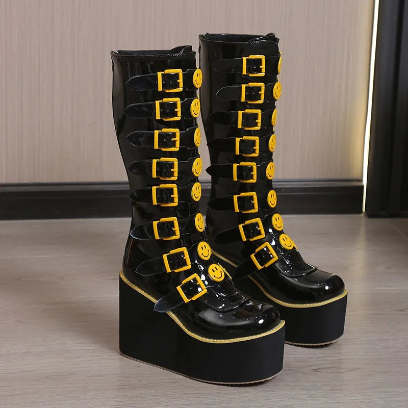 Plus Size 43 Black Gothic Vampire Halloween Cosplay Punk Buckle Street Platform Wedge High Heel Boots Women Shoes