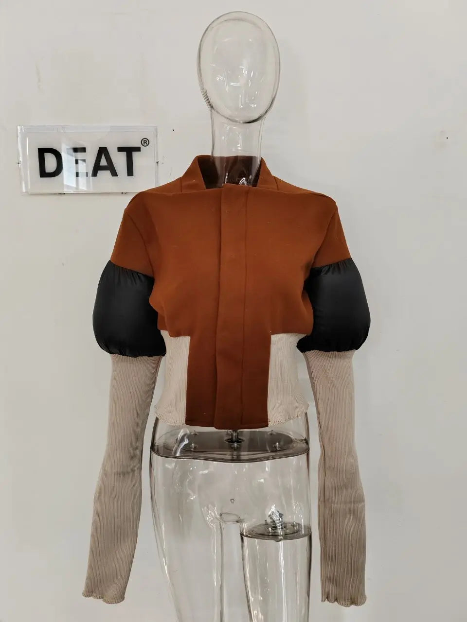 DEAT Fashion Women's Color Block Jackets Long Sleeve Zipper Collarless Slim Short Patchwork Short Coat Spring New 7AB3106 Brown