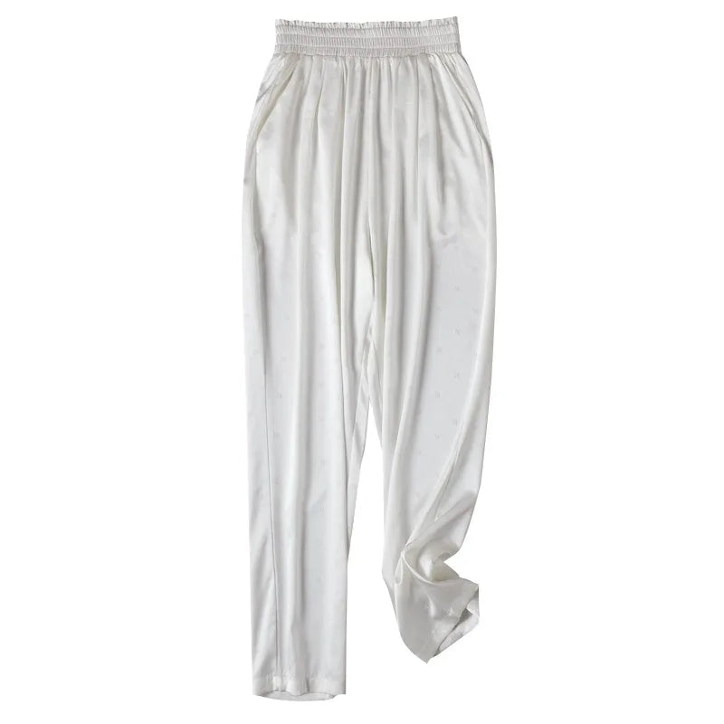 Women's Fashion New 24MM 93%Natural Mulberry Silk Versatile Jacquard Elastic Solid Color Satin Elastic Waist Casual Harlan Pants white onesize length 91cm