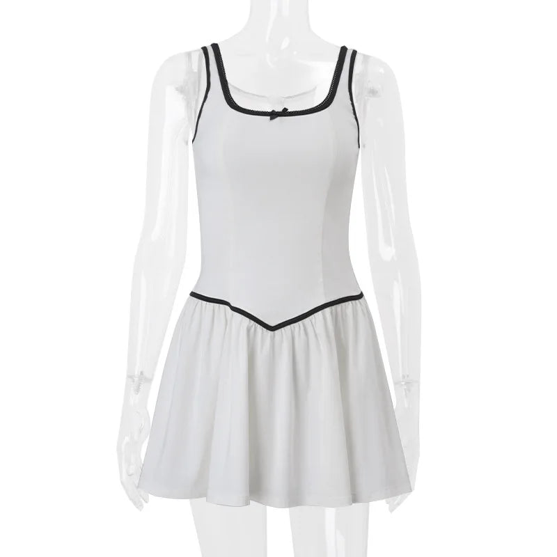 Square Collar Backless Sexy Mini Dress For Women Robe Zipper A-line Contrast Color Sleeveless High Waist Club Dress White