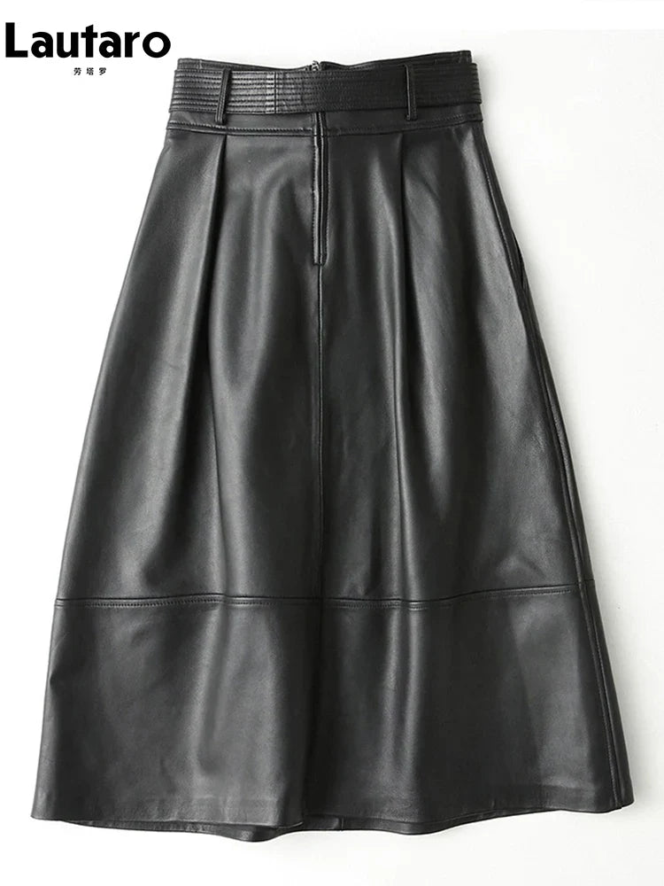 Spring Black Long Luxury Clothes for Women with Sashes High Waist A Line Midi Pu Leather Skirt Runway High Fashion 2023