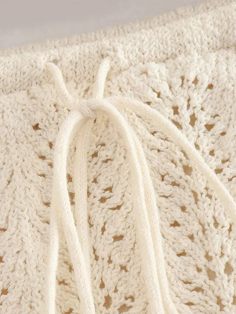 Women Knit Mesh Jacquard Skirts Sets Sweet Hollow Out O-neck Sleeveless Vest Top Summer A-Line Drawstring Mini Skirt Outfit