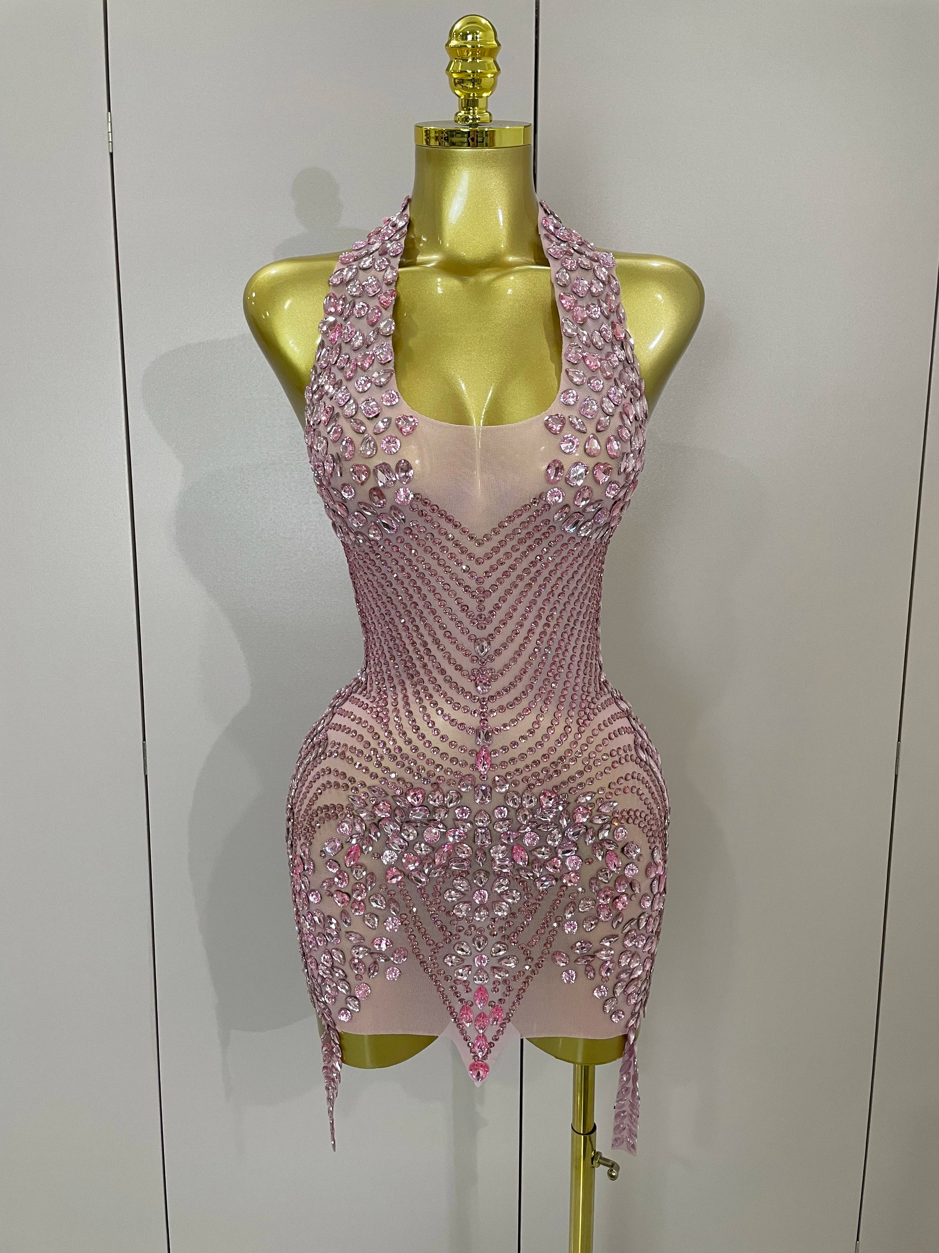 2025 New Sexy Sparkly Rhinestones Halter Backless Mesh Velour Short Dress Women Evening Prom Celebrate Birthday Party Stage Wear Pink