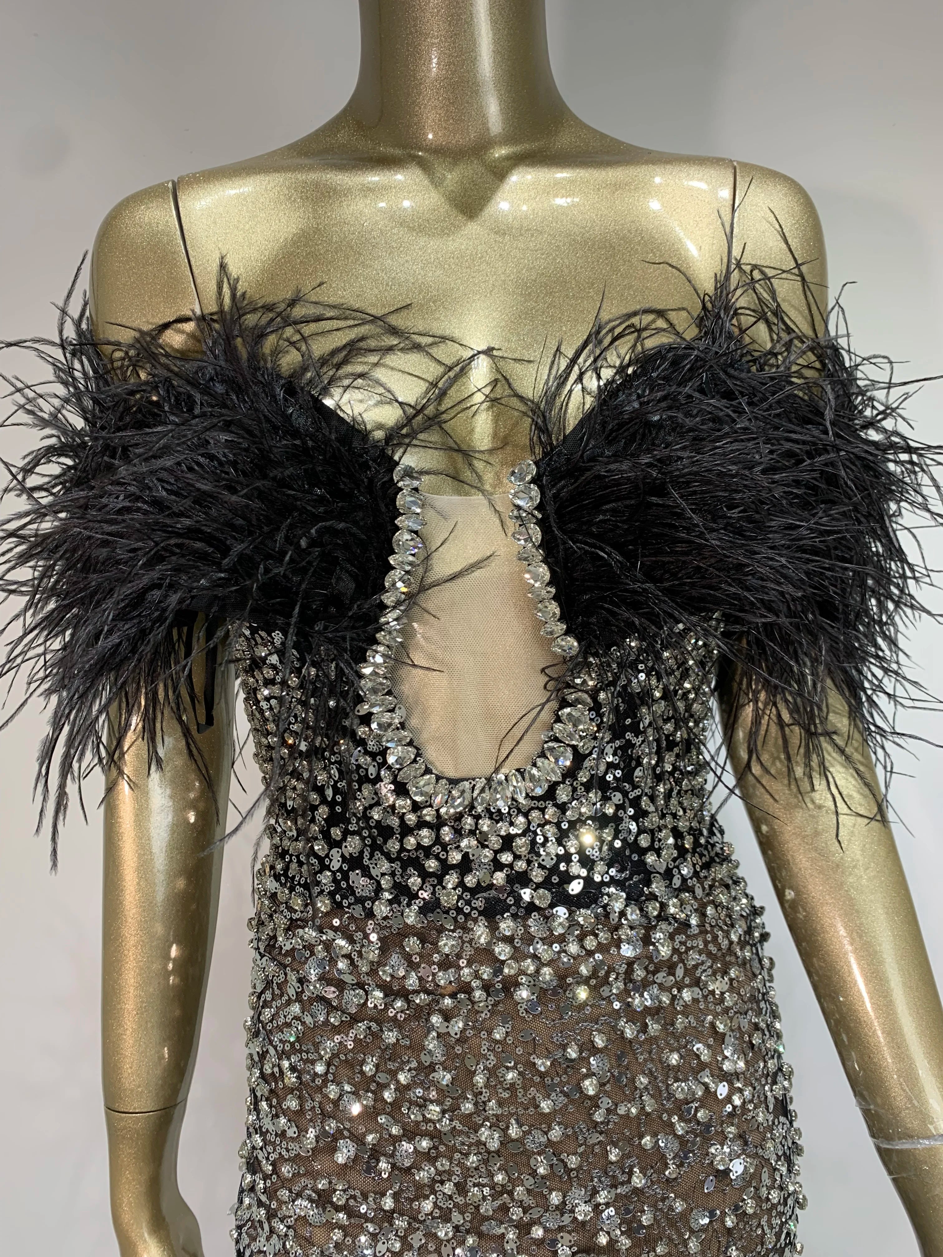 Women Celebrity Sexy Off Shoulder Feather Beading Sequins Maxi Long Gowns Dress Elegant Evening Party Club Dress Vestido