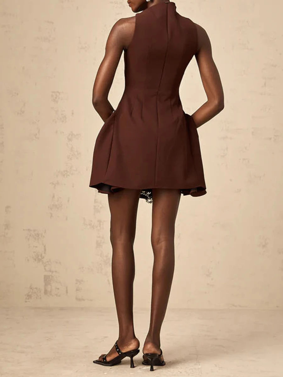 Solid Slimming Elegant Mini Dresses for Women Round Neck Sleeveless Patchwork Folds Tunic Dress Female Clothing New